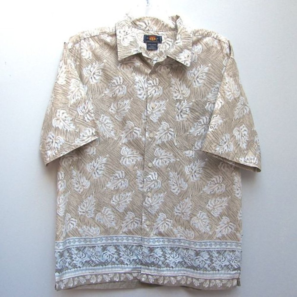 Men’s Aloha Shirt Button-Down Route 66 Beige & White Floral Size Large